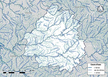 Carte de l'ensemble du réseau hydrographique de la Dordogne.