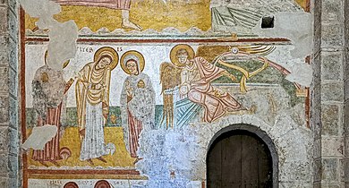 Fresque de la Résurrection - second registre : Les saintes femmes sont accueillies par un ange qui leur désigne le tombeau vide.
