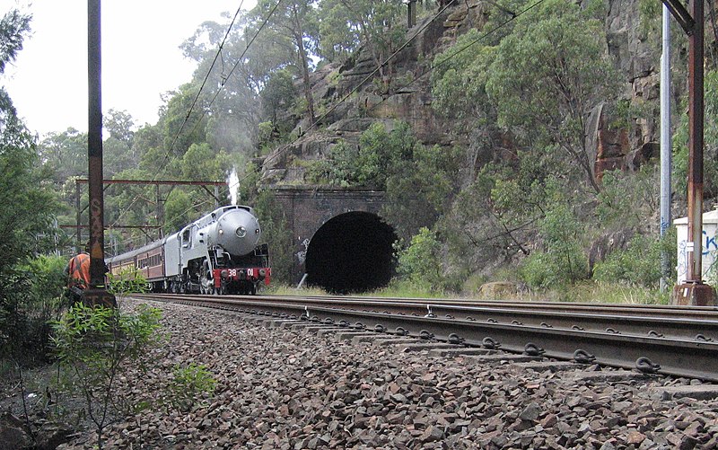 File:3801 pulls a tourist train past the abandoned Boronia No. 5 tunnel on the Cowan Bank - 18th March 2006.JPG