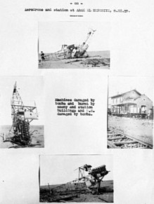 Three small photos of damaged aircraft and building