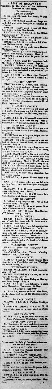 "A List of Runaways Confined in the Jails of this State," Mississippi Free Trader, December 11, 1835 A List of Runaways.jpg