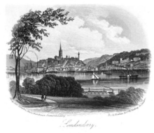 An engraving shoing a river and a town on a hill