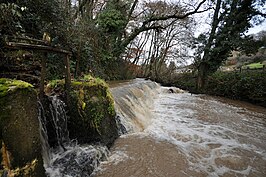 een stuw en een sluis te Bradiford Water in Tutshill Wood