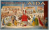 Affiche de 1908 pour Aida de Verdi, interprétée par la Hippodrome Opera Company (troupe d'opéra de l'hippodrome) de Cleveland, dans l'Ohio (États Unis).