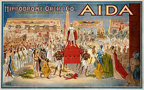 Giuseppe Verdi'nin prömiyeri 1871'de yapılan Aida operasının, 1908 yılında Cleveland, Ohio'daki Hippodrome Opera Kumpanyası tarafından sahnelenişinde kullanılan taşbaskı afiş. Afişte operanın II. perdesinin 2. sahnesindeki zafer yürüyüşü görülmektedir.(Üreten:The Otis Lithograph Co)