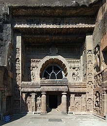 Entrance to one of the rock-cut Ajanta Caves. Ajanta cave9 2010.jpg