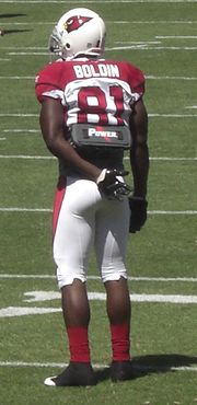 Boldin spent seven seasons with the Arizona Cardinals from 2003 to 2009 and was voted to three Pro Bowls during his tenure with the team. Here he is shown in September 2008. Anquan Boldin 9-7-08.jpg