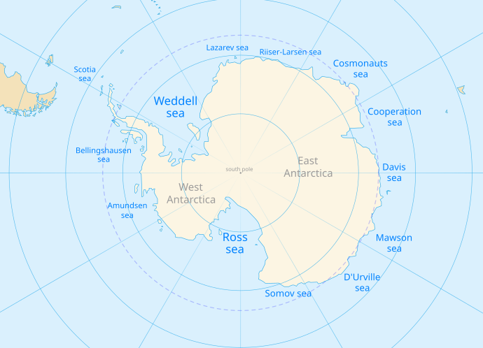 The proposed Mawson Sea name and other proposed sea names as part of the Southern Ocean Antarctic-seas-en.svg