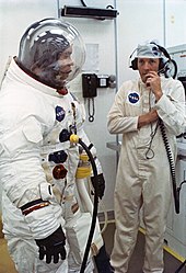 Haise suiting up for the Apollo 13 mission, April 11, 1970