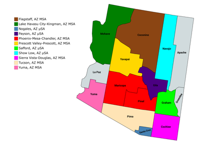 An enlargeable map of the 11 core-based statistical areas in Arizona. Arizona CBSAs.png