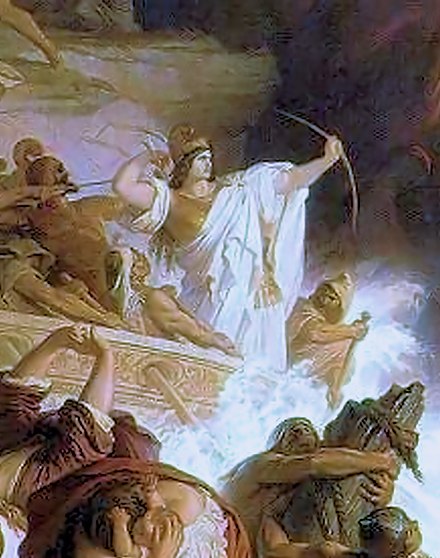 Artemisia, Queen of Halicarnassus, and commander of the Carian contingent of the Achaemenid fleet, at the Battle of Salamis, shooting arrows at the Greeks. Wilhelm von Kaulbach (detail).[116]