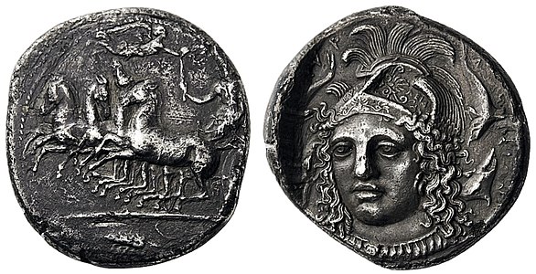 Athena portrait by Eukleidas on a tetradrachm from Syracuse, Sicily c. 400 BC