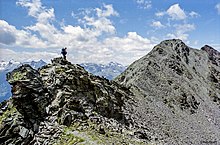 Hiking on an arete, Otztal Alps, Austria; an example of a hiking route that involves sure-footedness, and a head for heights Austria ridge hike.jpg