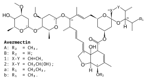 Skeletal structure of the 8 different natural avermectins Avermectins skeletal.svg