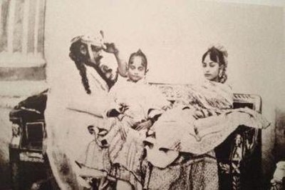 Wajid Ali Shah along with his queen Begum Akhtar Mahal Sahiba, and daughter. 1855–56. Photography by Ahmad Ali Khan.