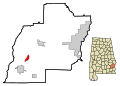 This map shows the incorporated and unincorporated areas in Barbour County, Alabama, highlighting Louisville in red. It was created with a custom script from US Census bureau data and modified with Inkscape.