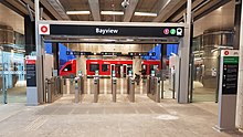Bayview is an interchange station that serves Line 1 and Line 2 Bayview Station Lower Entrance (March 2020) (cropped).jpg