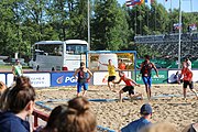 Deutsch: Beachhandball Europameisterschaften 2019 (Beach handball Euro); Tag 1: 2. Juli 2019 – Männer, Vorrunde Gruppe D, Frankreich-Montenegro 2:0 (19:7, 18:9) English: Beach handball Euro; Day 1: 2 July 2019 – Men Preliminary Round Group D – France-Montenegro 2:0 (19:7, 18:9)