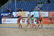 Deutsch: Beachhandball Europameisterschaften 2019 (Beach handball Euro); Tag 2: 3. Juli 2019 – Frauen, Vorrunde Gruppe D, Ukraine-Deutschland 2:0 (23:22, 32:24) English: Beach handball Euro; Day 2: 3 July 2019 – Women Preliminary Round Group D – Ukraine-Germany 2:0 (23:22, 32:24)