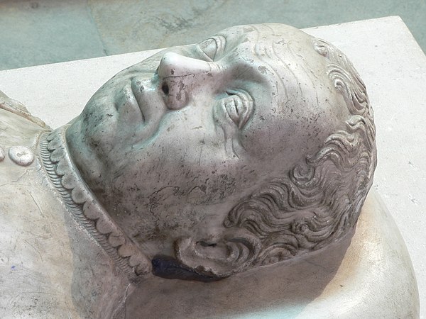 Head detail of Bertrand du Guesclin's gisant in the Basilica of Saint-Denis, sculpted during the last quarter of the 14th century. The effigy was comm