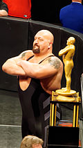 Big Show, the winner of Andre the Giant Memorial Battle Royal at WrestleMania 31 Big Show with Andre the Giant trophy.jpg