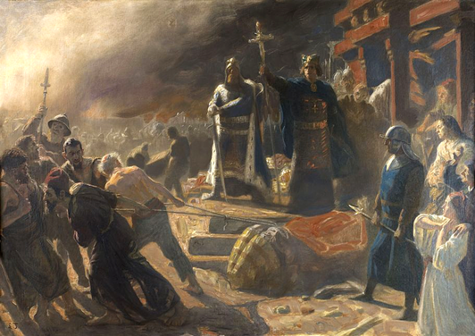 Danish Bishop Absalon destroys the idol of Slavic god Svantevit at Arkona in a painting by Laurits Tuxen