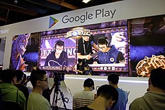Blitzchung, a Pro-Democracy player representing Hong Kong, in a tournament against another player, at the Google Play Booth B211, World Trade Center One.