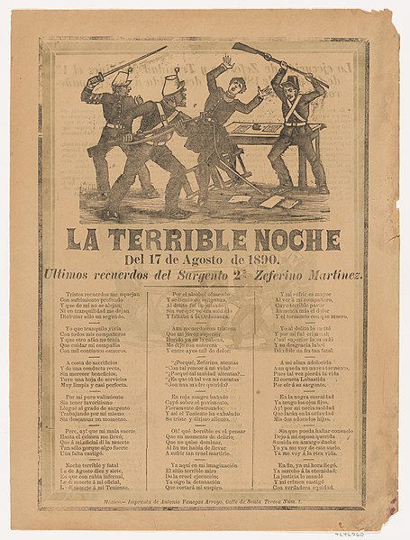 File:Broadsheet relating to the terrible events of 17 August 1890 when a a government officia was murdered after drinking, a corrida in the bottom section written by Sergeant Zeferino Martínez who witnessed the event MET DP869169.jpg