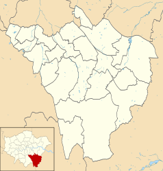 Mapa konturowa gminy Bromley, blisko lewej krawiędzi u góry znajduje się punkt z opisem „Crystal Palace National Sports Centre”