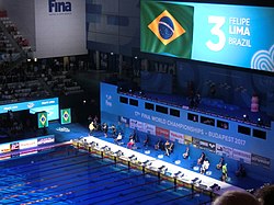 Felipe Lima in the 50 metre breaststroke at the 2017 World Aquatics Championships Budapest2017 fina world championships 50breaststroke semifinal Felipe Lima Brazil.jpg