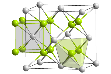 Thorium dioxide has the fluorite structure. Th : __  /  O : __ CaF2 polyhedra.png