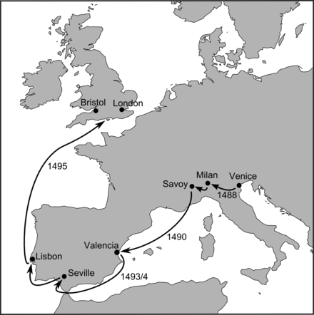 Cabot's travels around Europe, 1488–95, following his escape from Venice