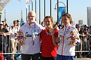 Deutsch: Kanusport bei den Olympischen Jugendspielen 2018; Tag 10, 16. Oktober 2018; Siegerehrung Mädchen Einer-Canadier-Slalom: Doriane Delassus (Frankreich, Gold) - Zola Lewandowski (Deutschland, Silber) - Emanuela Luknárová (Slowakei, Bronze) English: Canoeing at the 2018 Summer Youth Olympics at 16 October 2018 – Girls' C1 slalom Gold Medal Race: Doriane Delassus (France, gold) - Zola Lewandowski (Germany, silver) - Emanuela Luknárová (Slovakia, bronze)