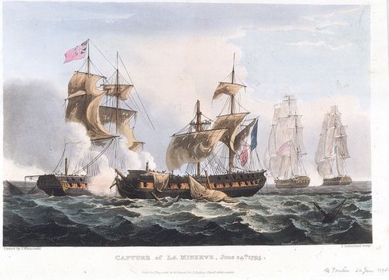 Capture of La Minerve off Toulon, June 24th, 1795 by Thomas Whitcombe. In the foreground the damaged and dismasted Minerve duels with HMS Dido, while 