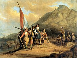 1652, arrivée de Jan van Riebeeck au Cap, actuelle Afrique du Sud. Œuvre non datée de Charles Davidson Bell (1813 – 1882).