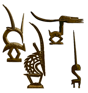 Comparison of the four major styles of the Chiwara mask of the Bambara people of Mali. Clockwise from top left: abstract, Bougouni/southern region, vertical/Segu/northern region, and horizontal/Bamako/Northern region ChiWara styles 4.png