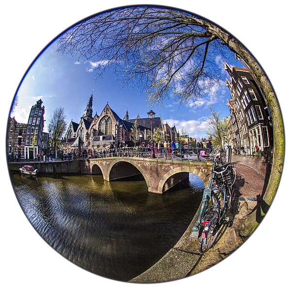 Circular fisheye photograph of Oude Kerk Amsterdam. Chromatic aberration can clearly be seen toward the outer edges.