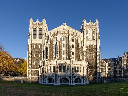 The neo-Gothic tower of Shepard Hall, the main building of City College