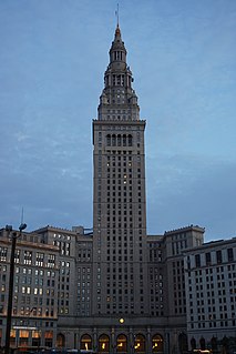 Terminal Tower Landmark skyscraper in downtown Cleveland, Ohio, United States