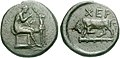 Монета Херсонеса 390-370 годах до н. э. Дихалк Дева (Артемида) с ланью, бык на палице