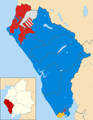 Map of the results of the 2003 Copeland council election. Labour in red, Conservatives in blue, independent in white and Liberal Democrats in yellow. Copeland UK local election 2003 map.svg