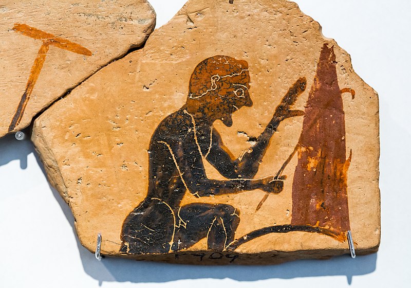File:Corinthian pinax - potter at kiln - Bellerophon on Pegasos - Berlin AS F 878 and 909.jpg