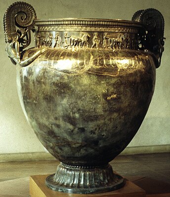 The imported Greek Vix Krater, found in the Vix Grave, France.