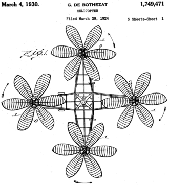 Top view of de Bothezat helicopter as depicted in US Pat. 1,749,471. De Bothezat patent.png