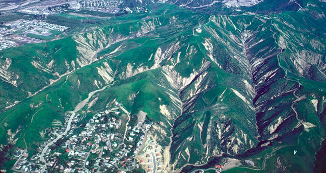 Scars formed by debris flow in Ventura, greater Los Angeles during the winter of 1983. The photograph was taken within several months of the debris fl