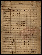 Six mesures de musique sont écrites sur 19 portées pré-imprimées.  La page est intitulée "Ouverture".  Sous le titre à droite se trouve le nom de Wagner.  L'indication du tempo est allegro con brio.  Plusieurs lignes sont écrites en diagonale avec une écriture plus claire.