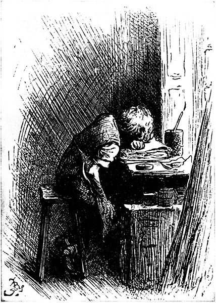 Illustration by Fred Bernard of Dickens at work in a shoe-blacking factory after his father had been sent to the Marshalsea, published in the 1892 edi