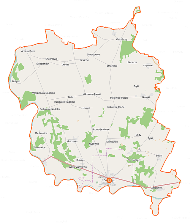 Mapa konturowa gminy Drohiczyn, na dole znajduje się punkt z opisem „Kościół Wniebowzięcia Najświętszej Maryi Pannyw Drohiczynie”