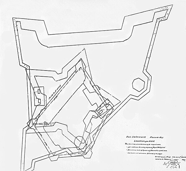 Overlay of the three versions of Fort Delaware. The largest is Delafield's never-built design; the irregular pentagon is the fort that exists today. D