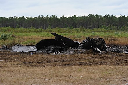 Wreckage of the F-22 that crashed 15 November 2012. F-22 Crash at Tyndall AFB.jpg